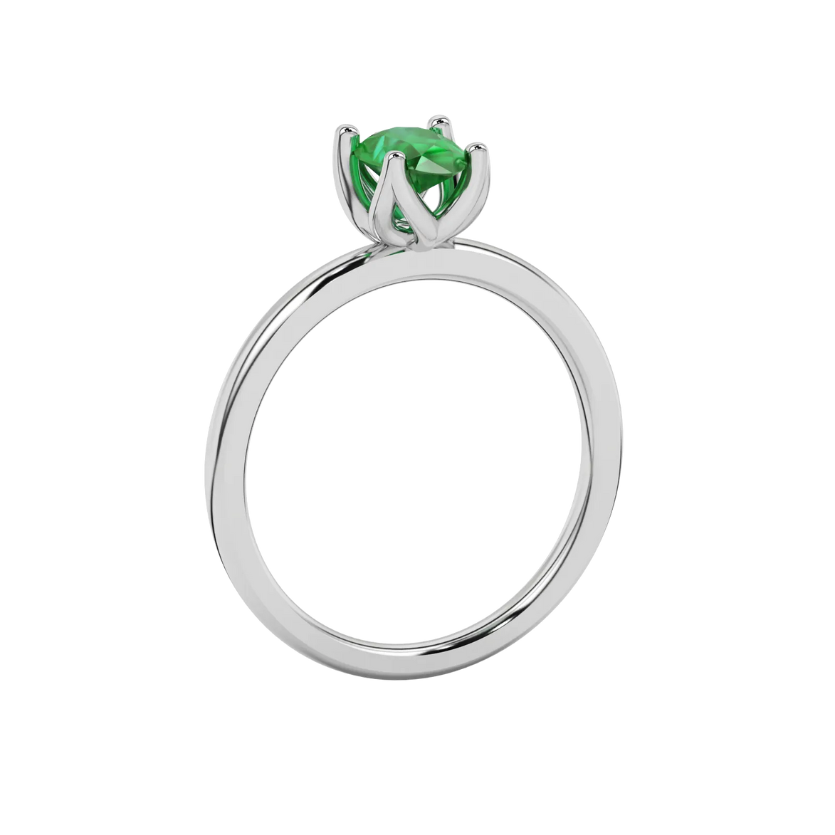 Side profile, white gold emerald green ring, tulip basket gallery.