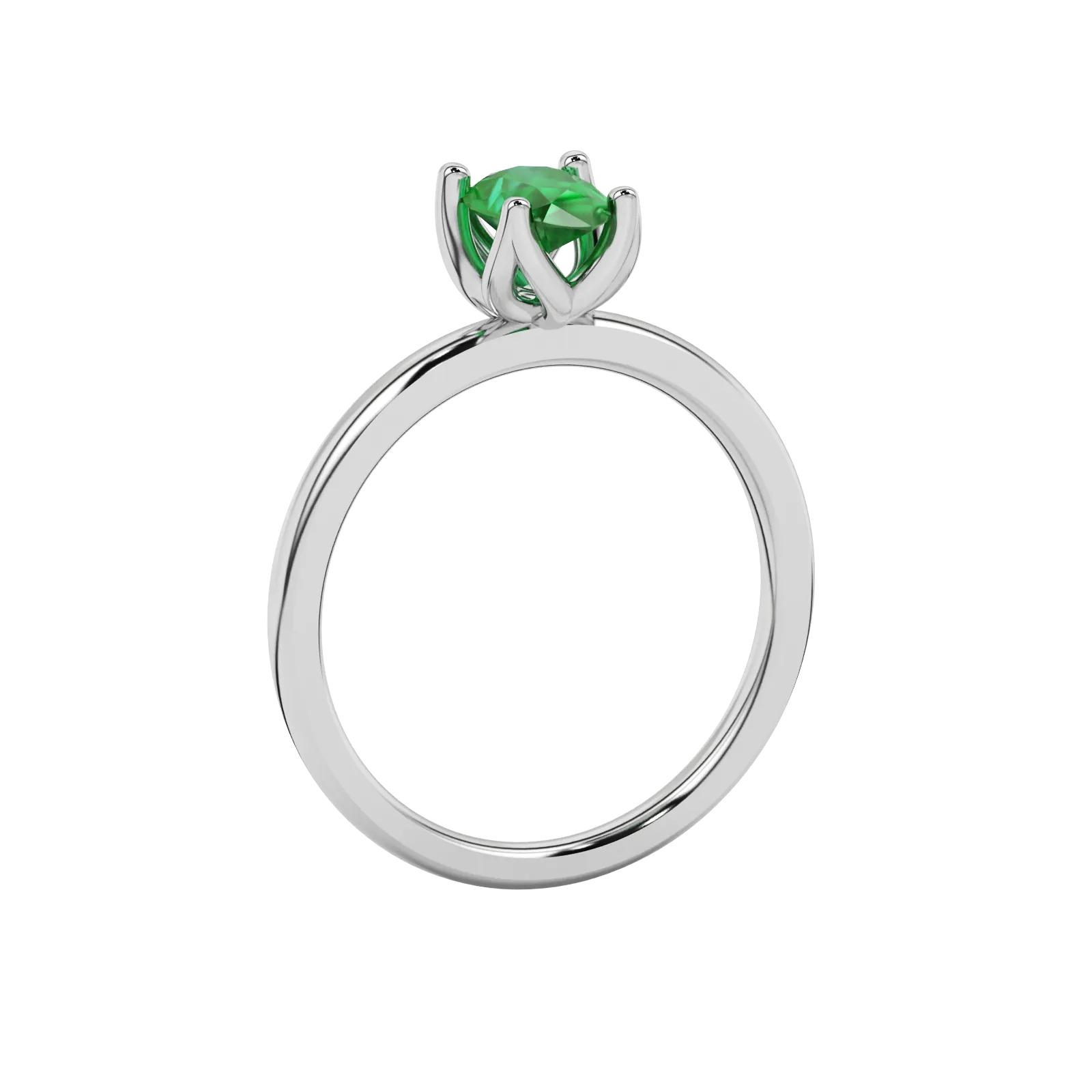 Side profile, white gold emerald green ring, tulip basket gallery.