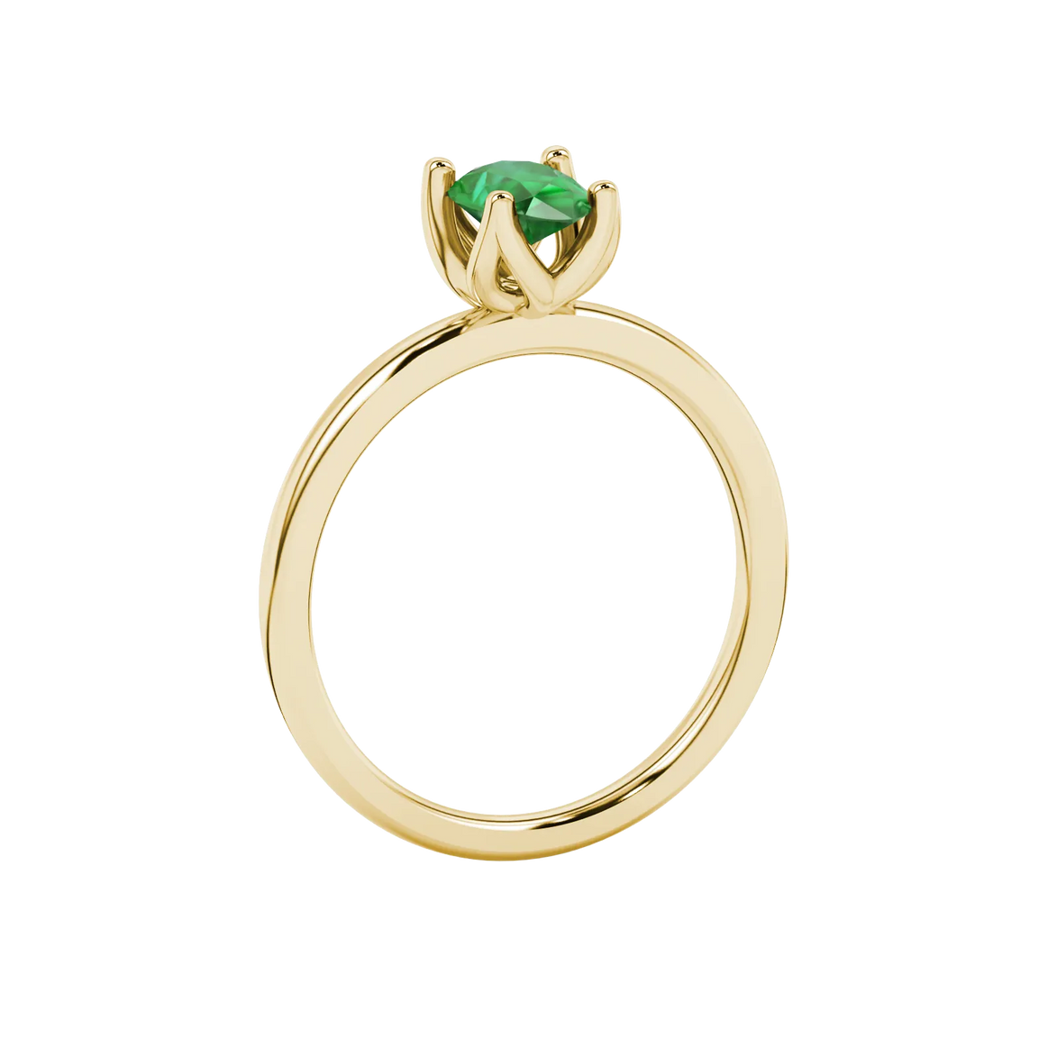 Side profile, yellow gold emerald green ring, tulip basket gallery.