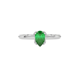 Close-up emerald green gemstone ring, white gold tulip basket.