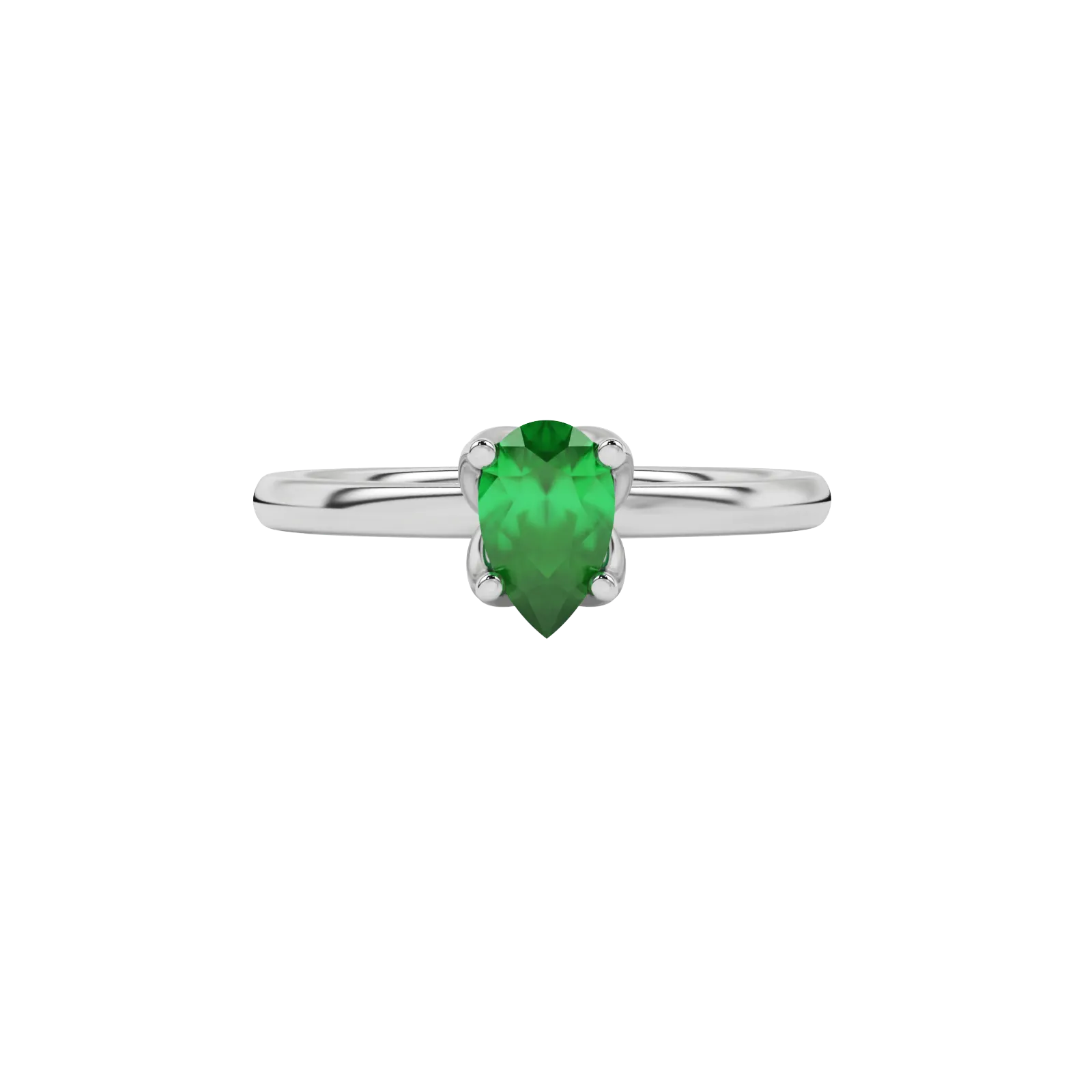 Close-up emerald green gemstone ring, white gold tulip basket.