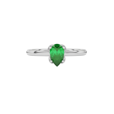 Close-up emerald green gemstone ring, white gold tulip basket.