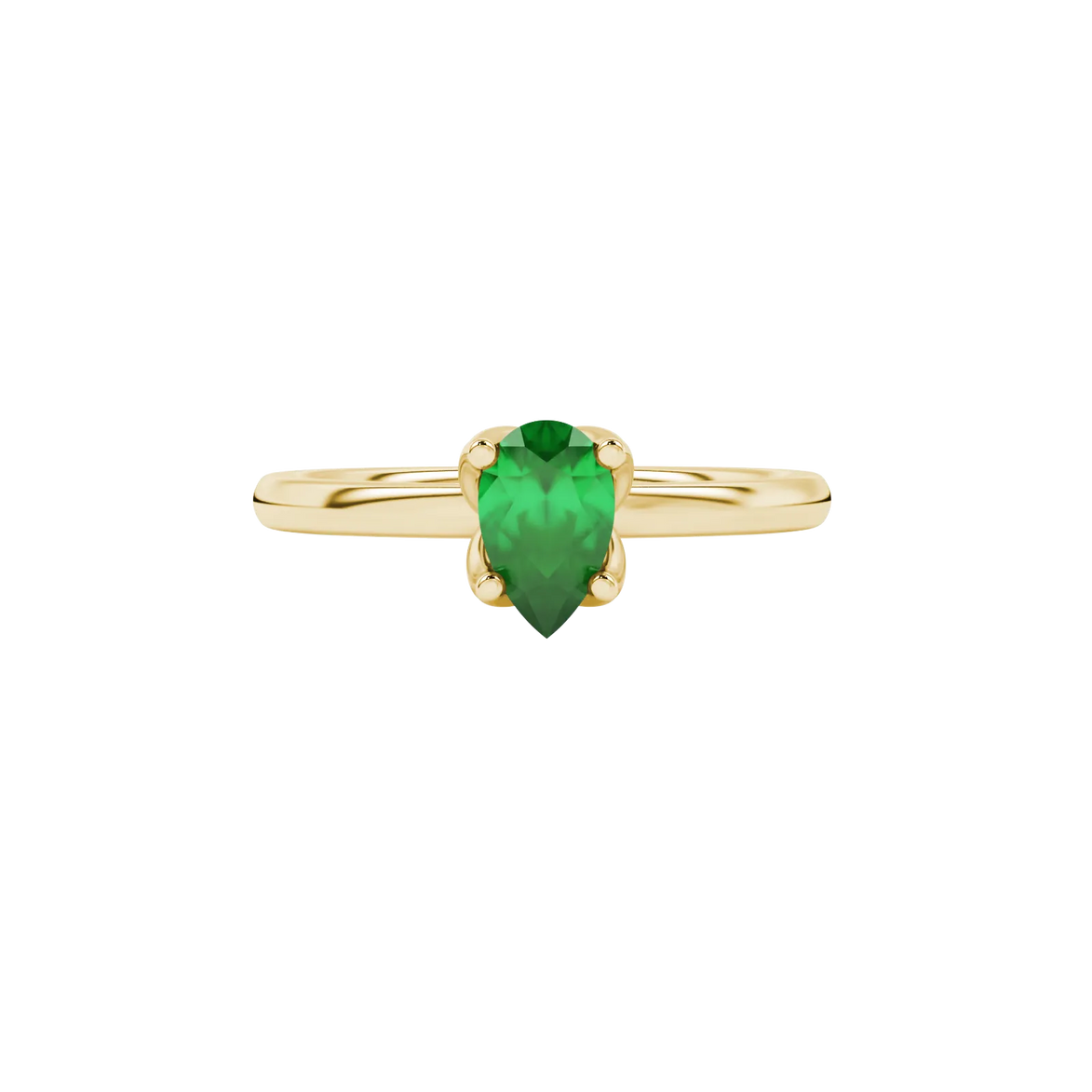 Close-up, pear shape emerald green gemstone, yellow gold tulip basket ring.