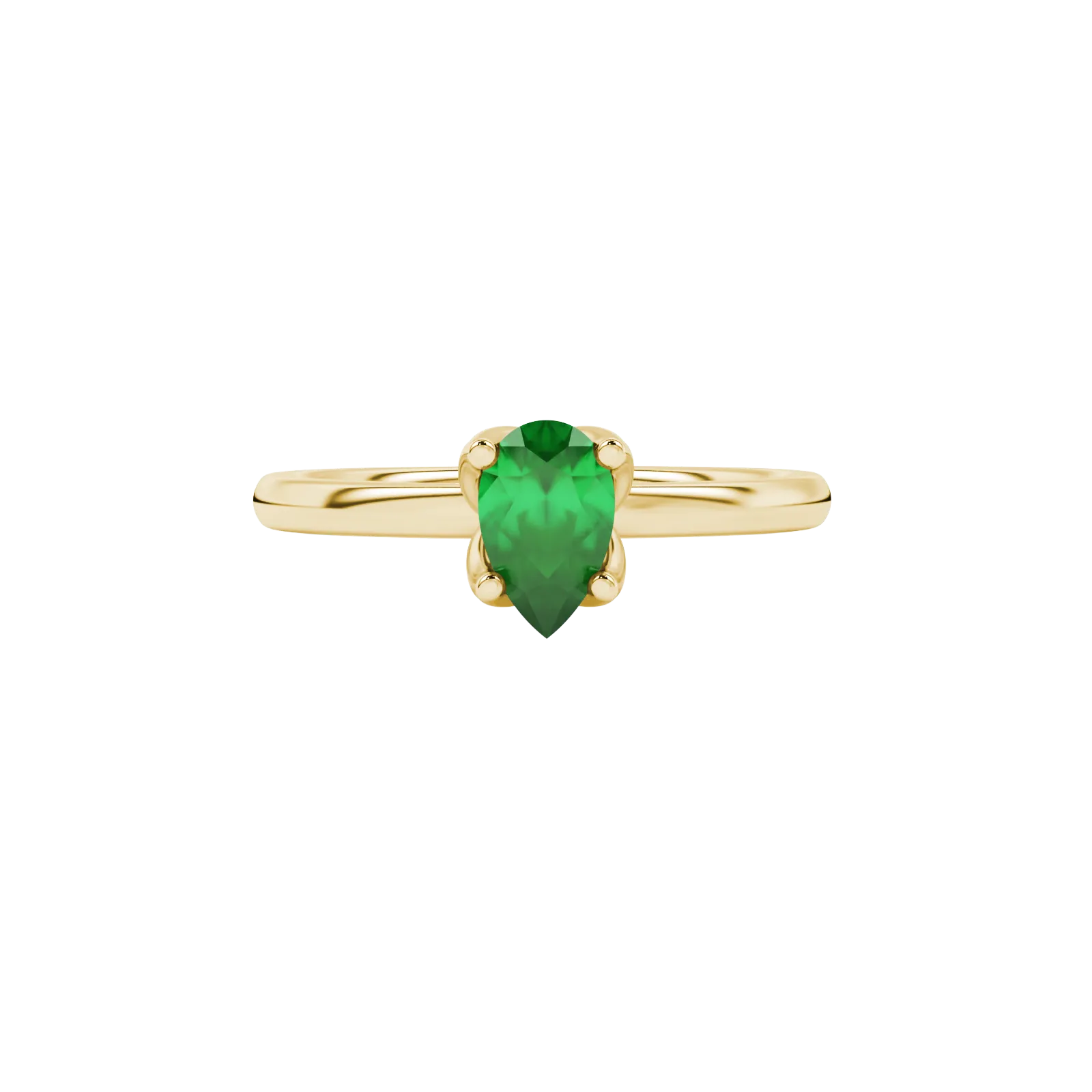 Close-up, pear shape emerald green gemstone, yellow gold tulip basket ring.