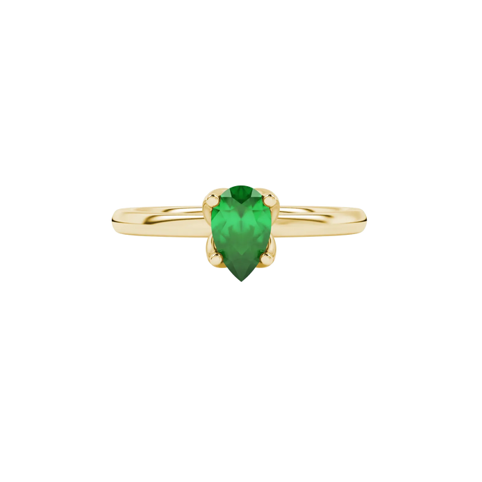 Close-up, pear shape emerald green gemstone, yellow gold tulip basket ring.