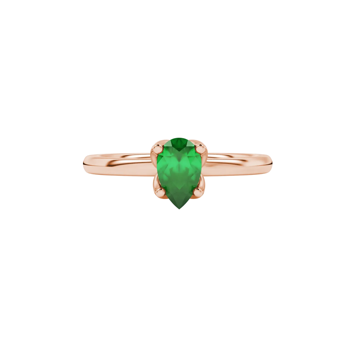 Close-up, pear shape emerald green gemstone ring, rose gold tulip basket.