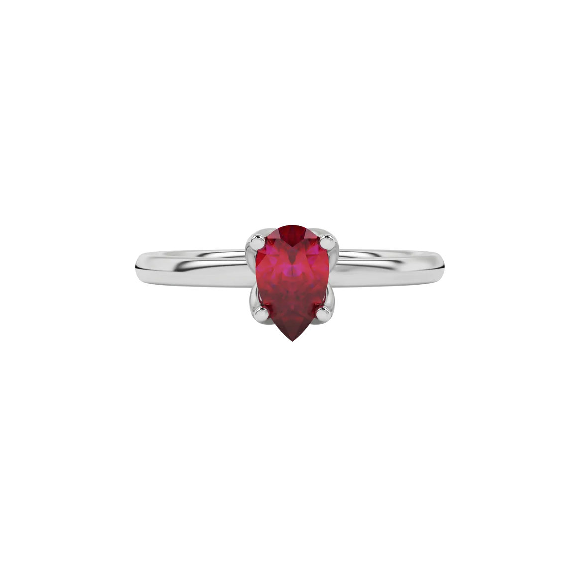 Close-up raspberry red gemstone ring, white gold tulip basket.