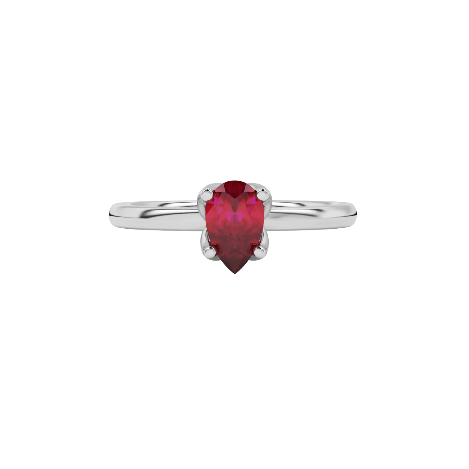 Close-up raspberry red gemstone ring, white gold tulip basket.