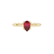Close-up, pear shape raspberry red gemstone, yellow gold tulip basket ring.
