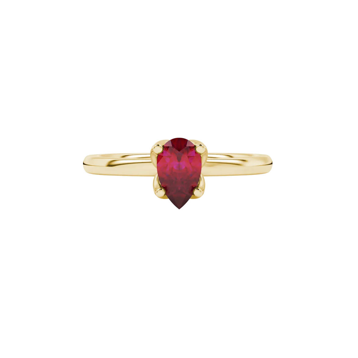 Close-up, pear shape raspberry red gemstone, yellow gold tulip basket ring.