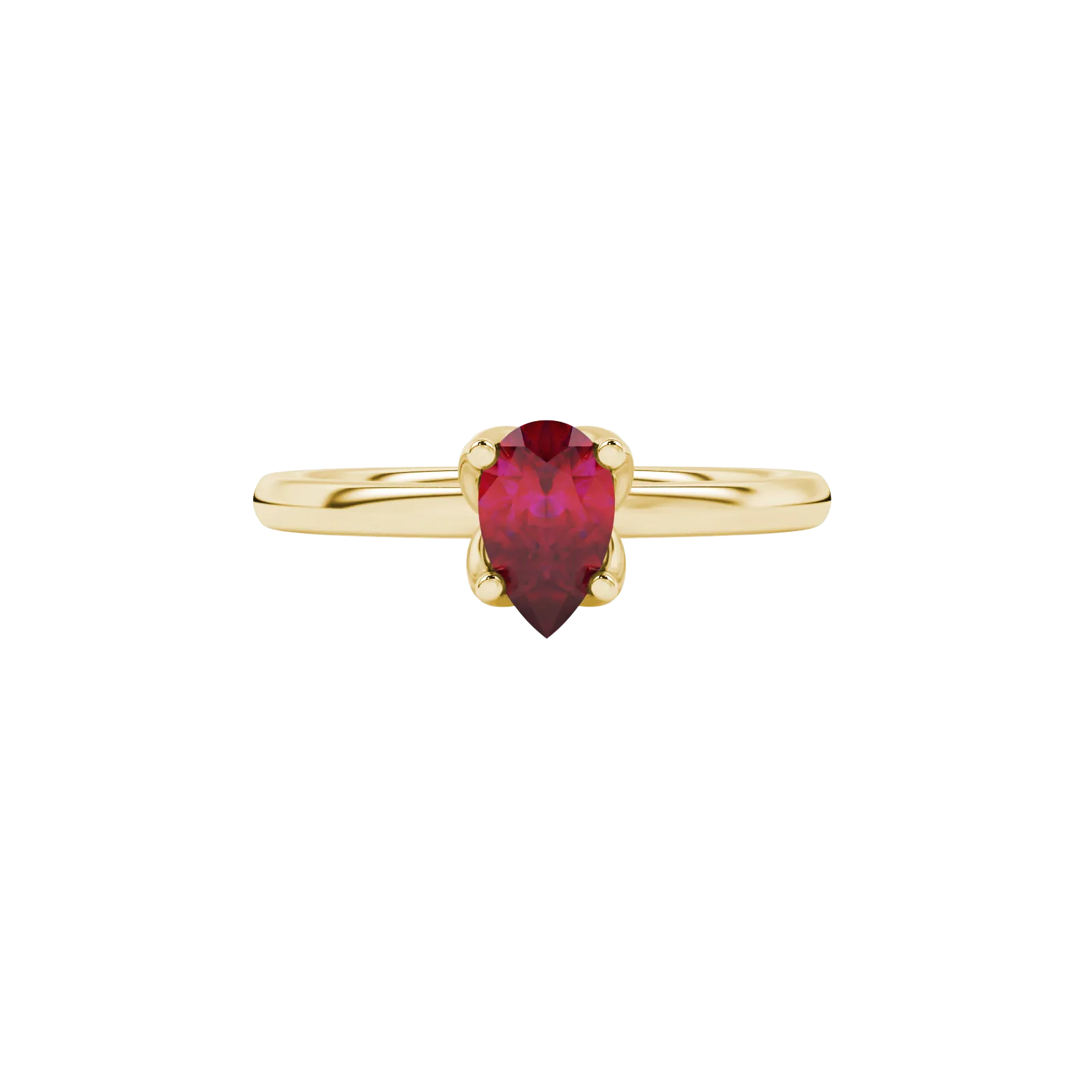 Close-up, pear shape raspberry red gemstone, yellow gold tulip basket ring.