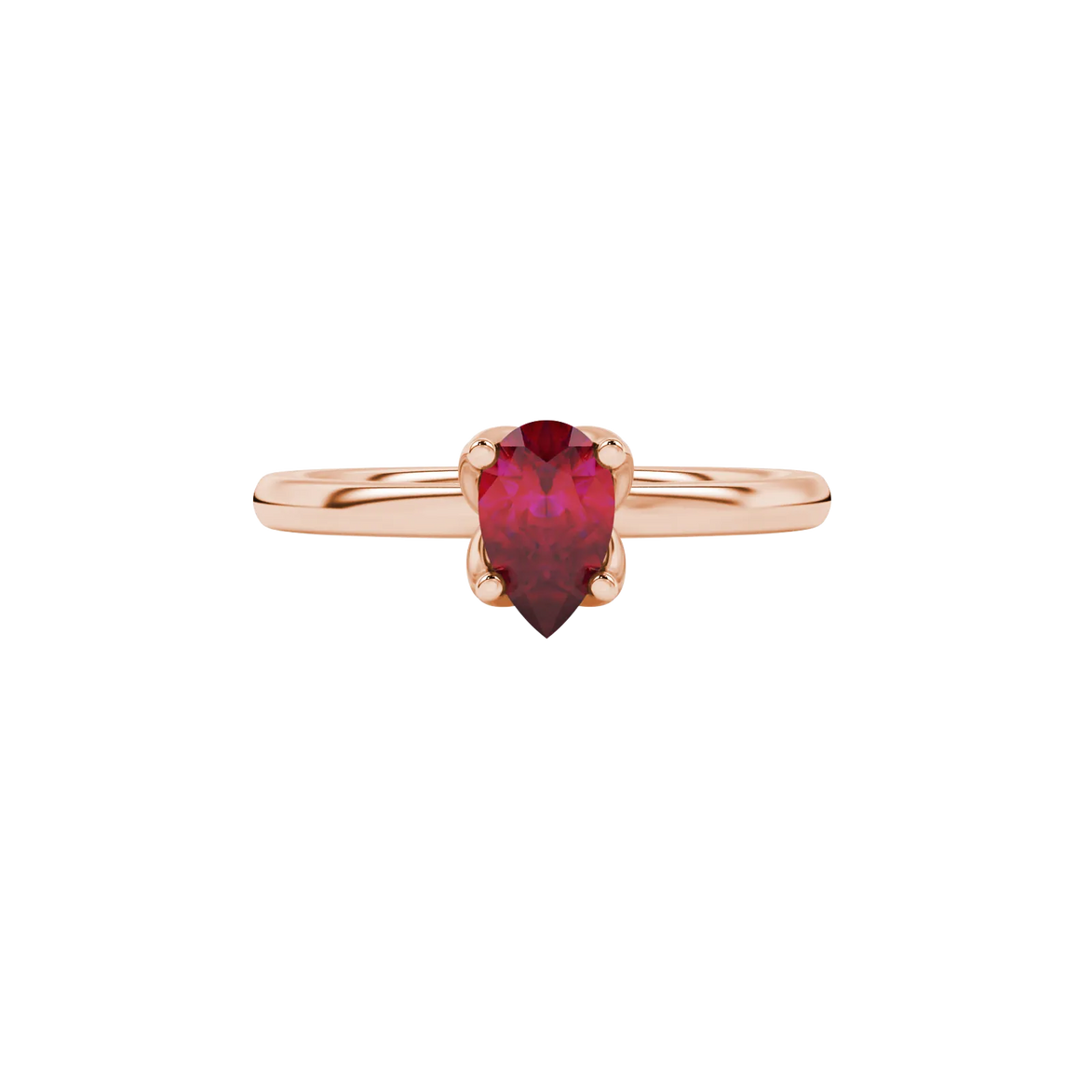 Close-up, pear shape raspberry red gemstone ring, rose gold tulip basket.