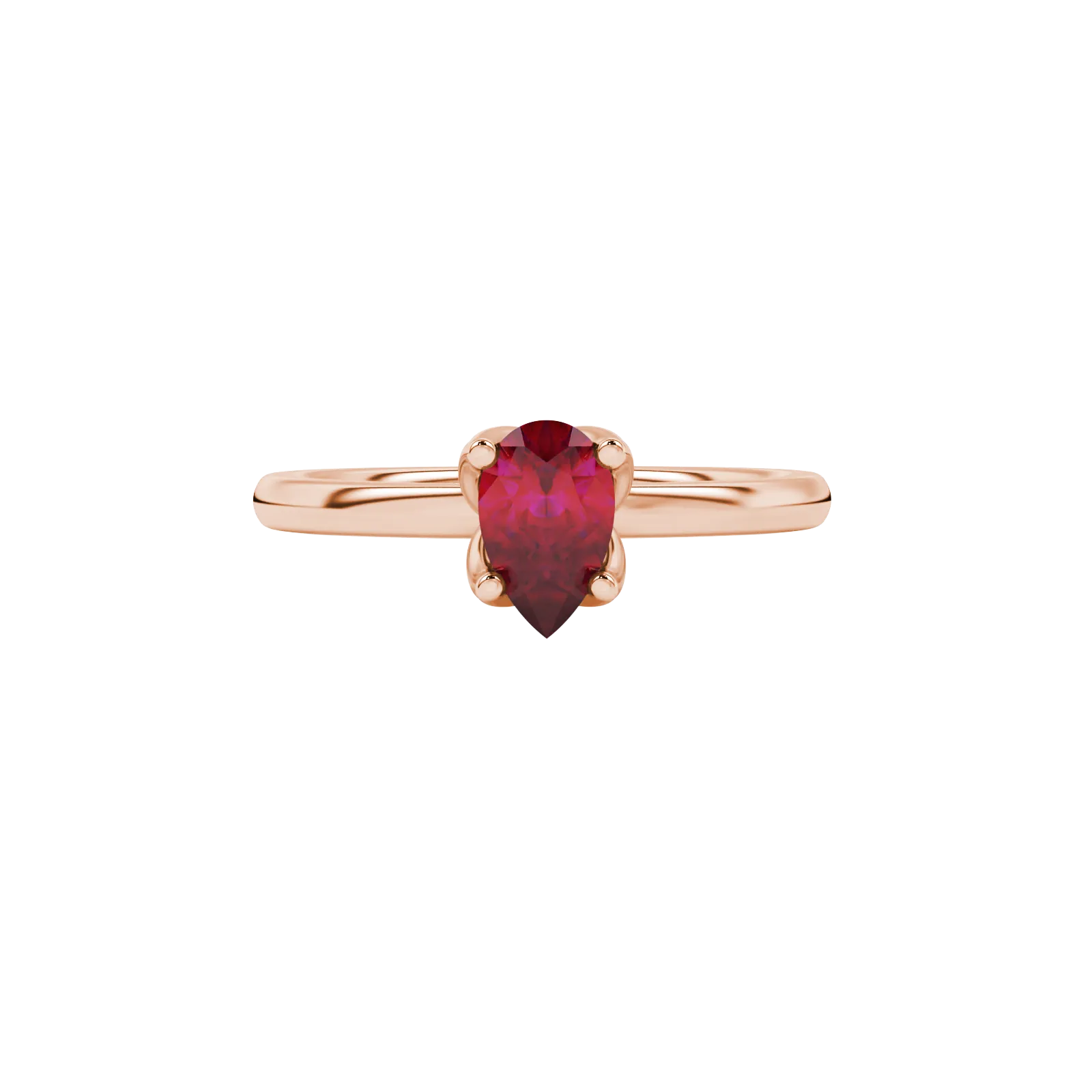 Close-up, pear shape raspberry red gemstone ring, rose gold tulip basket.