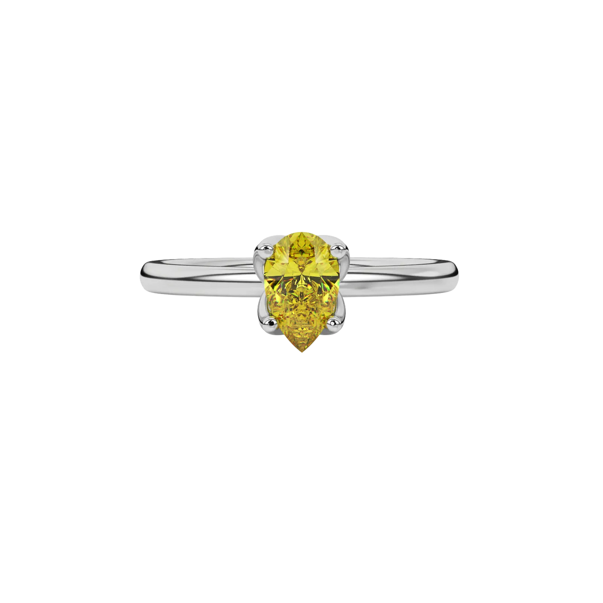 Close-up canary yellow gemstone ring, white gold tulip basket.