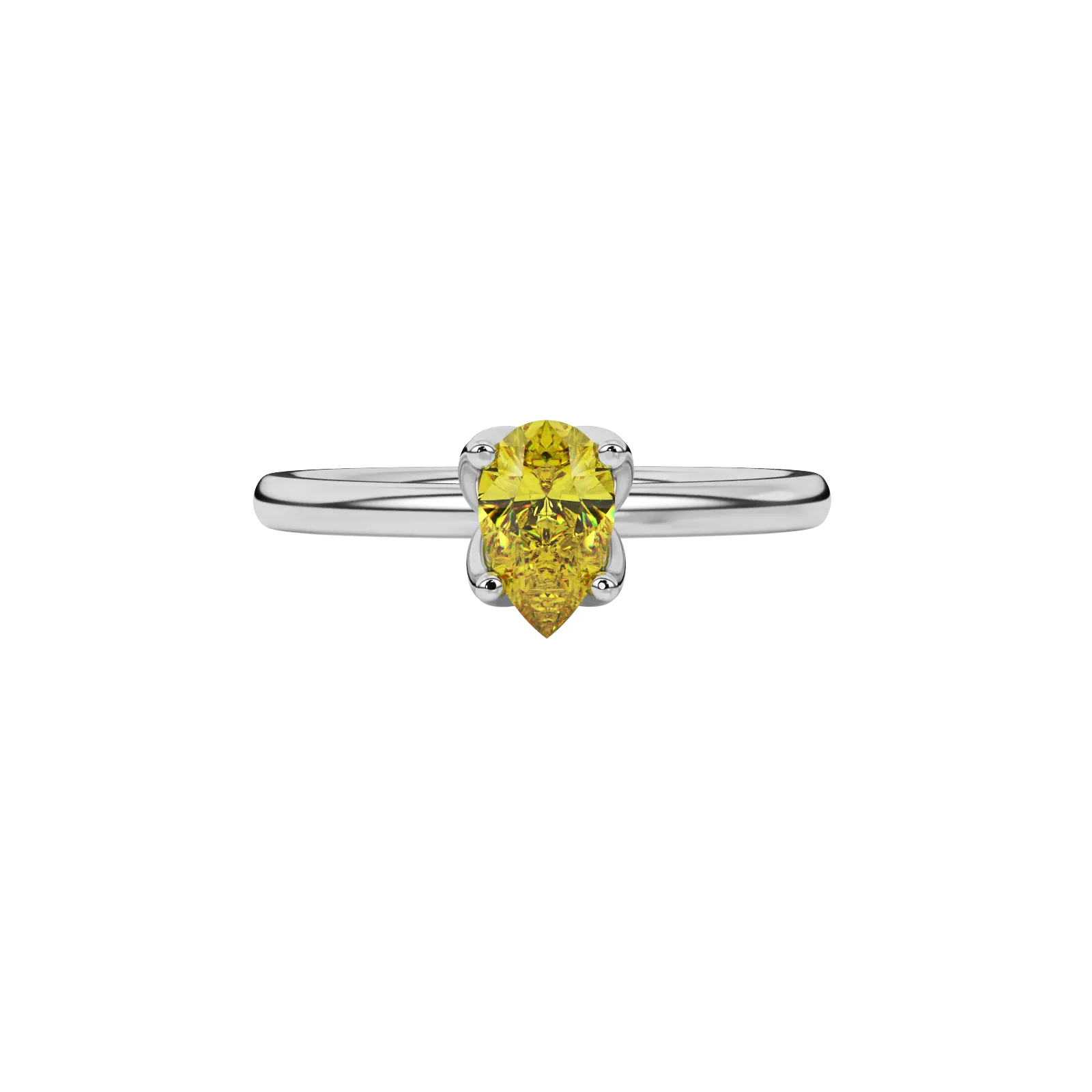 Close-up canary yellow gemstone ring, white gold tulip basket.
