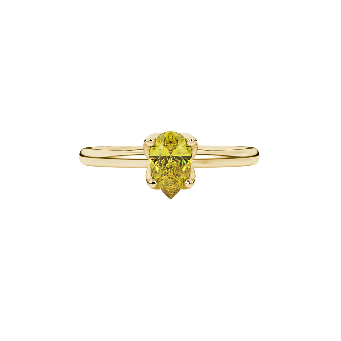 Close-up, pear shape canary yellow gemstone, yellow gold tulip basket ring.