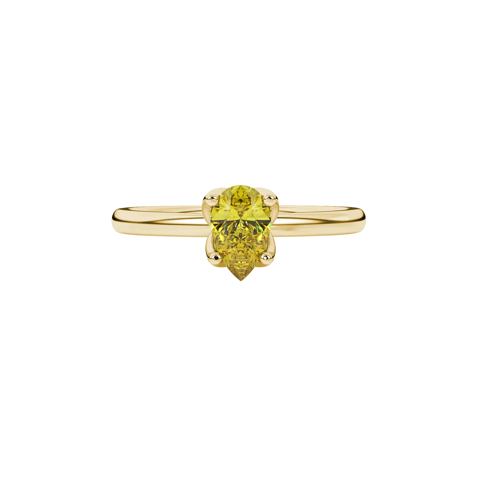 Close-up, pear shape canary yellow gemstone, yellow gold tulip basket ring.