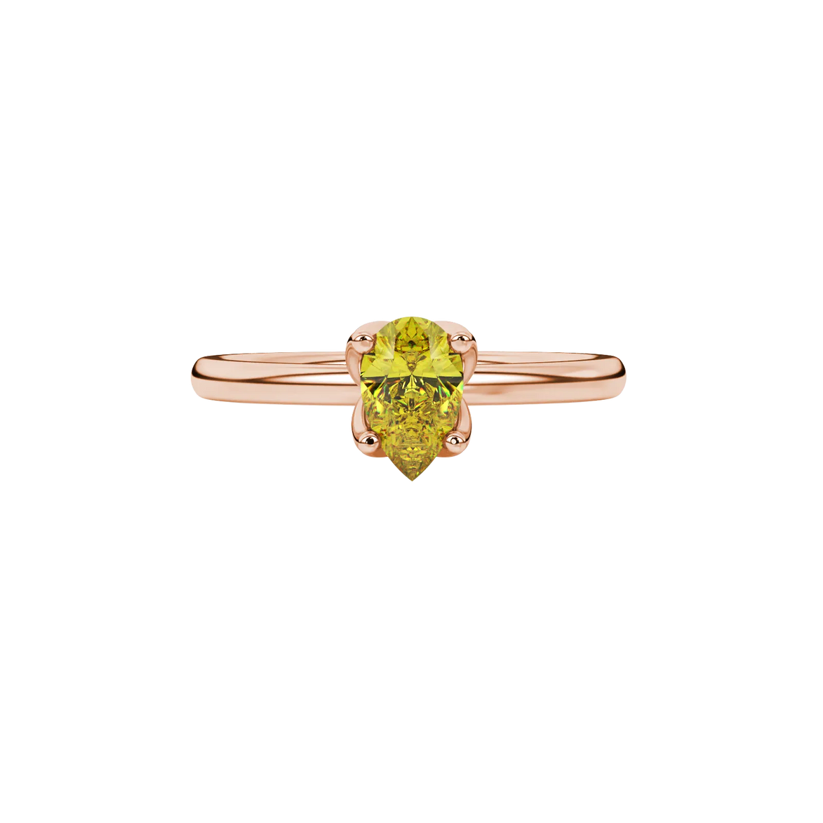 Close-up, pear shape canary yellow gemstone ring, rose gold tulip basket.