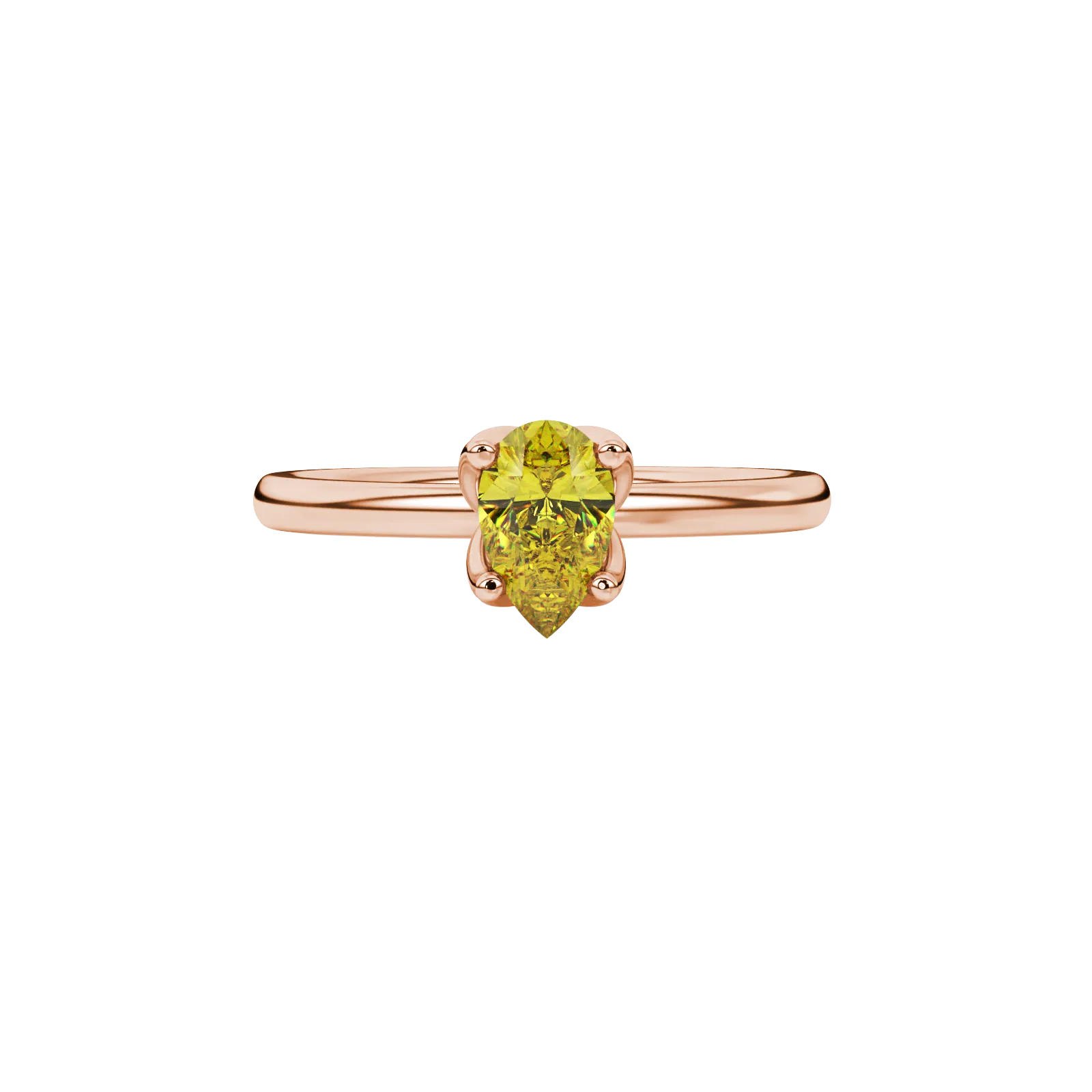 Close-up, pear shape canary yellow gemstone ring, rose gold tulip basket.