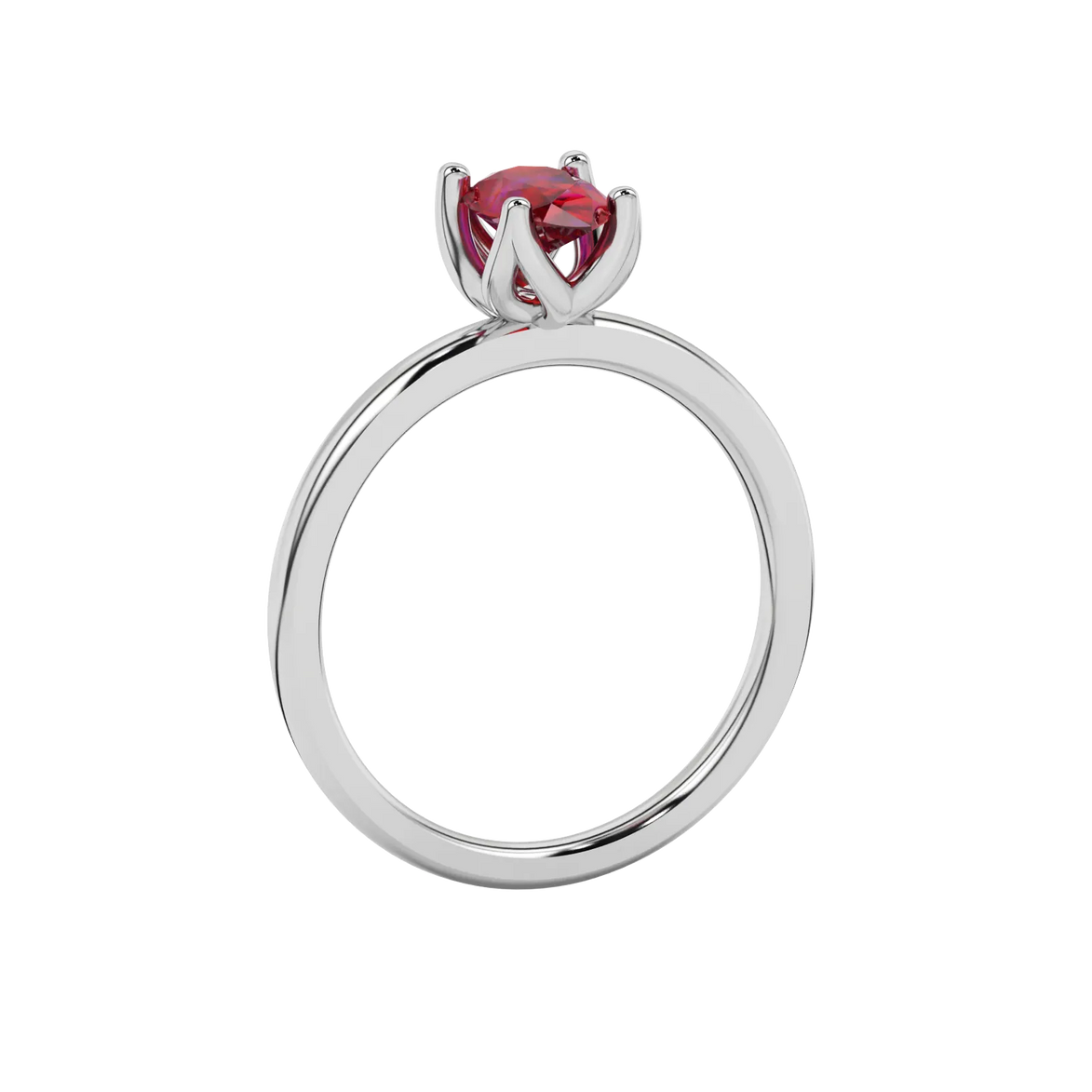 Side profile, white gold raspberry red ring, tulip basket gallery.