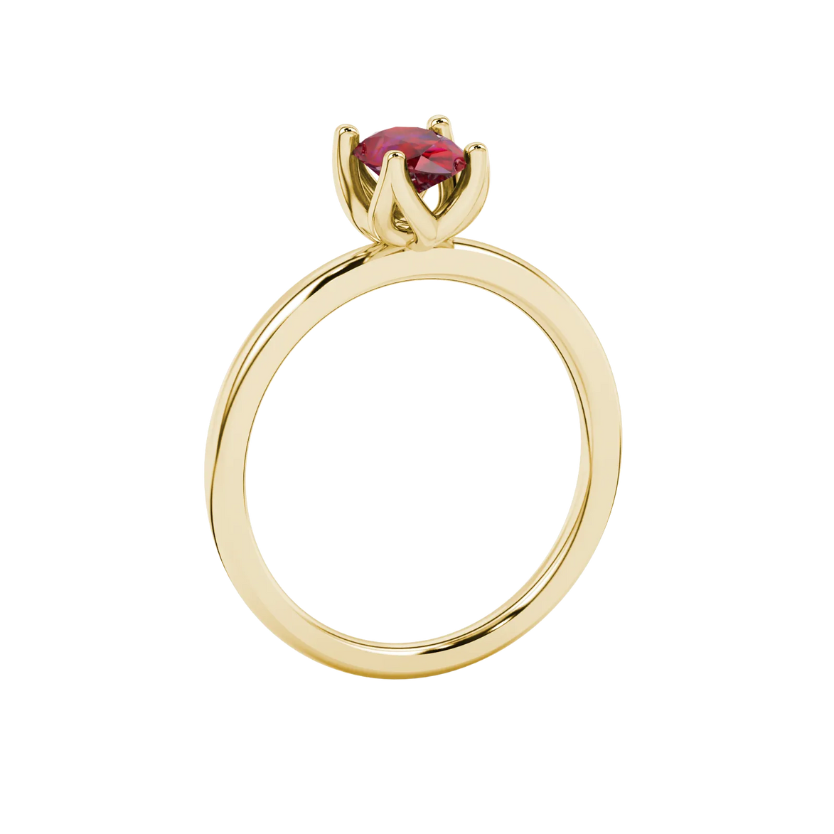 Side profile, yellow gold raspberry red ring, tulip basket gallery.