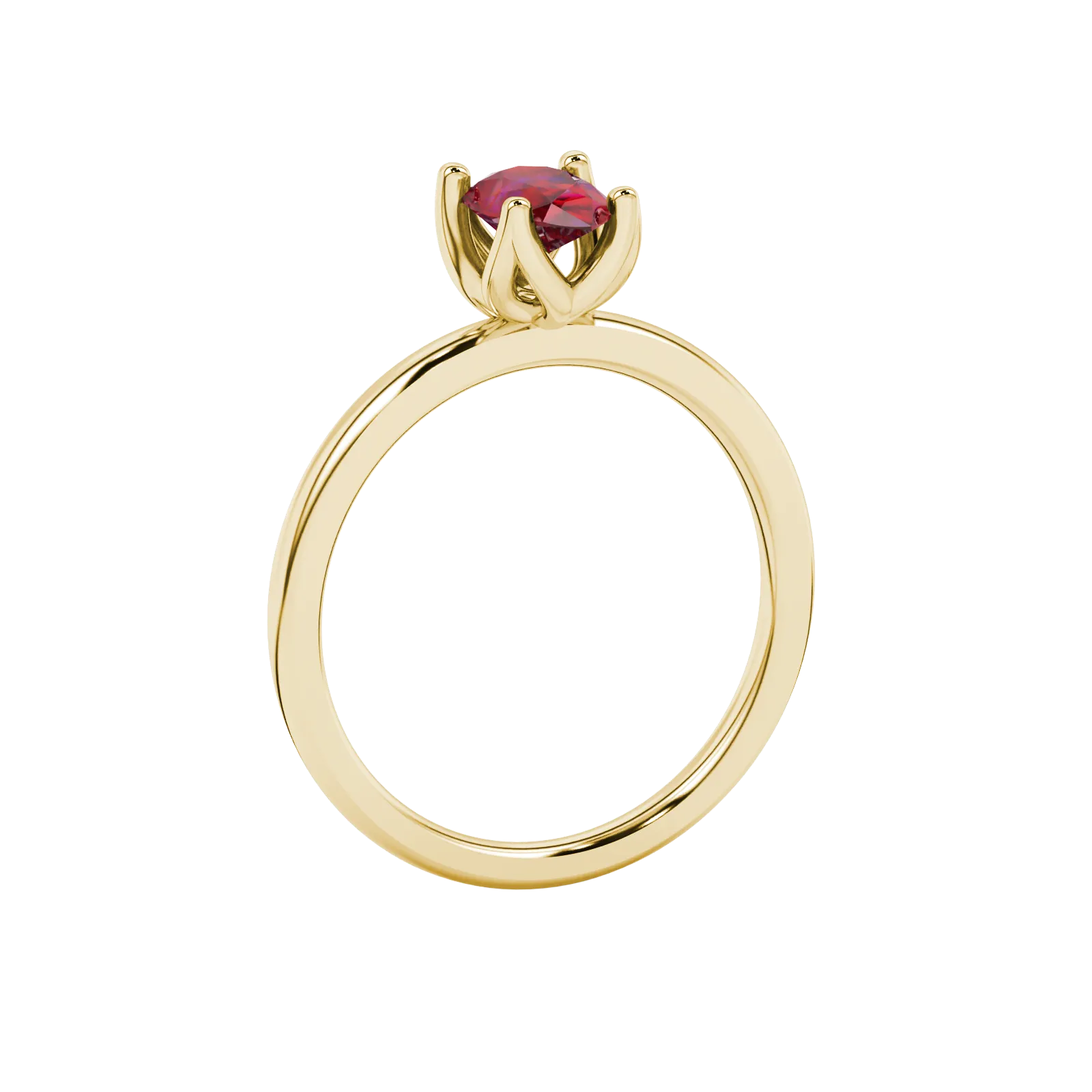 Side profile, yellow gold raspberry red ring, tulip basket gallery.