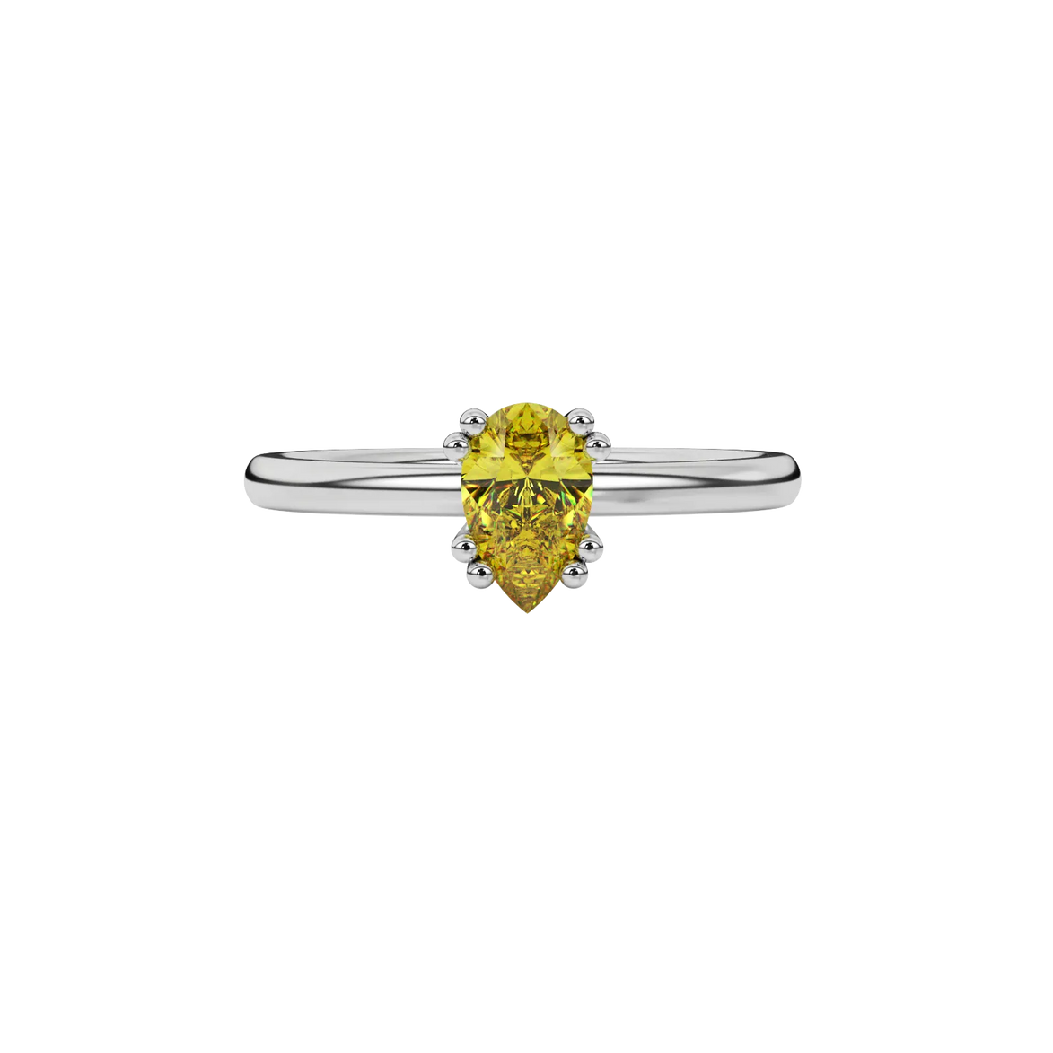 Close-up canary yellow gemstone ring, white gold vintage basket.