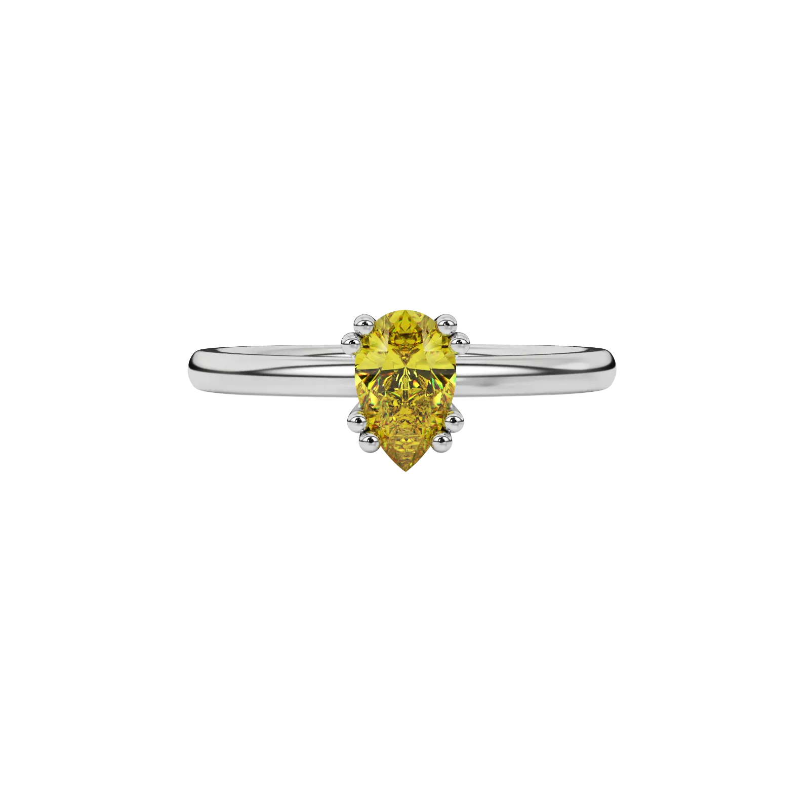 Close-up canary yellow gemstone ring, white gold vintage basket.