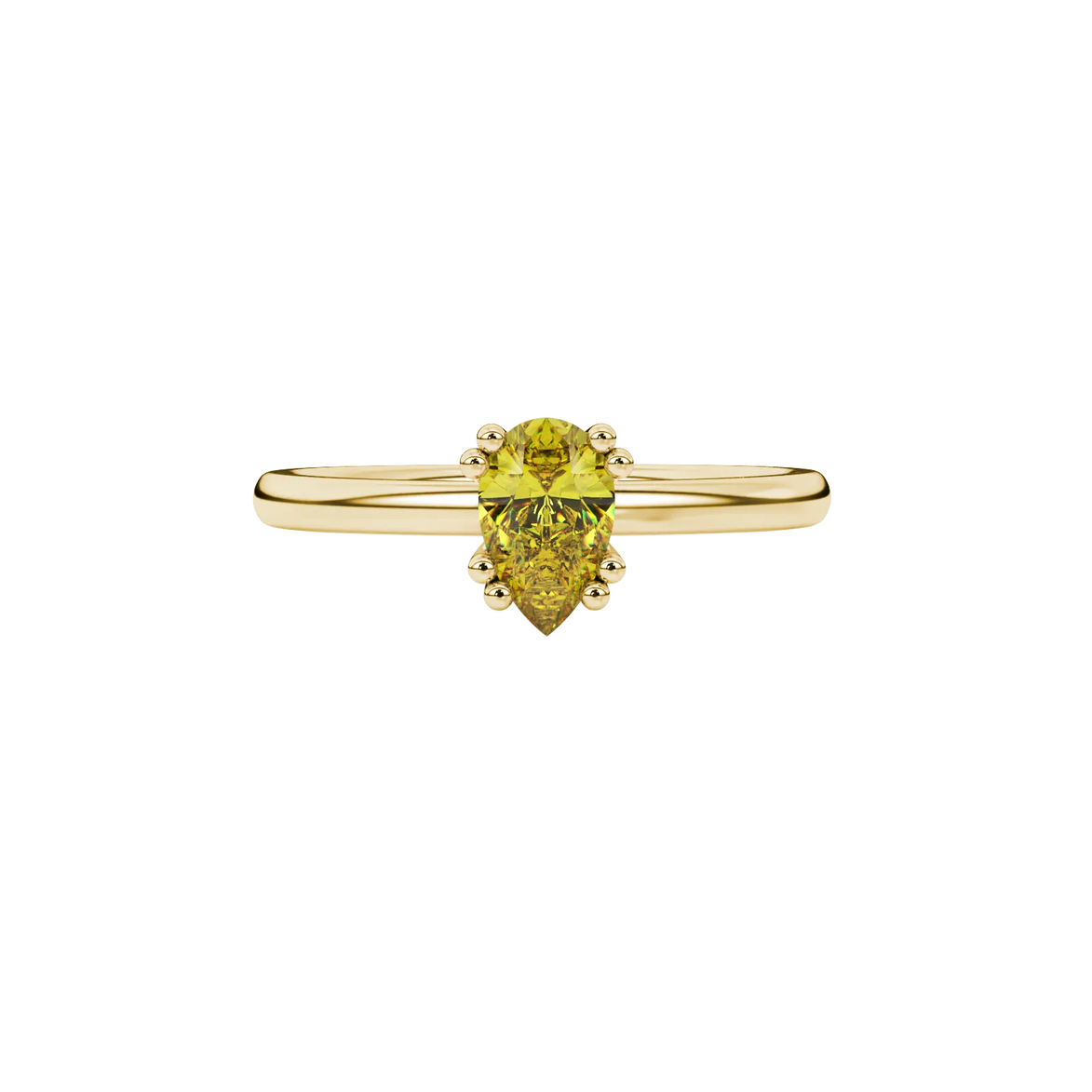 Close-up, pear shape canary yellow gemstone, yellow gold vintage basket ring.