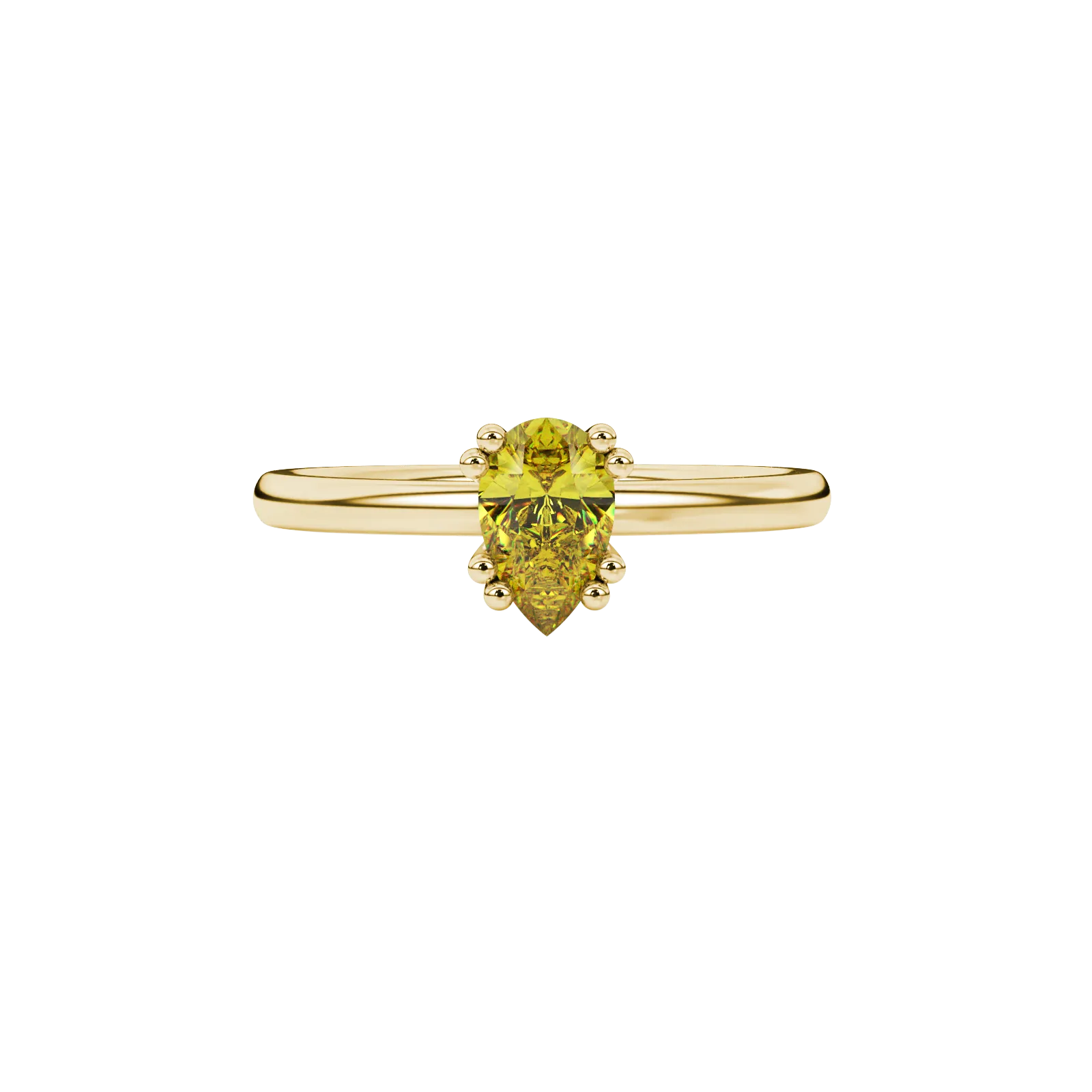 Close-up, pear shape canary yellow gemstone, yellow gold vintage basket ring.