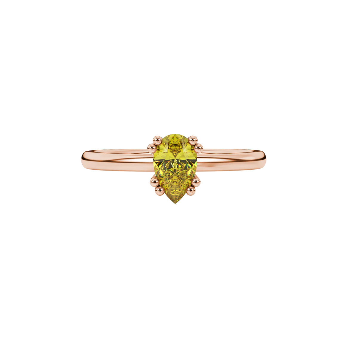Close-up, pear shape canary yellow gemstone ring, rose gold vintage basket.