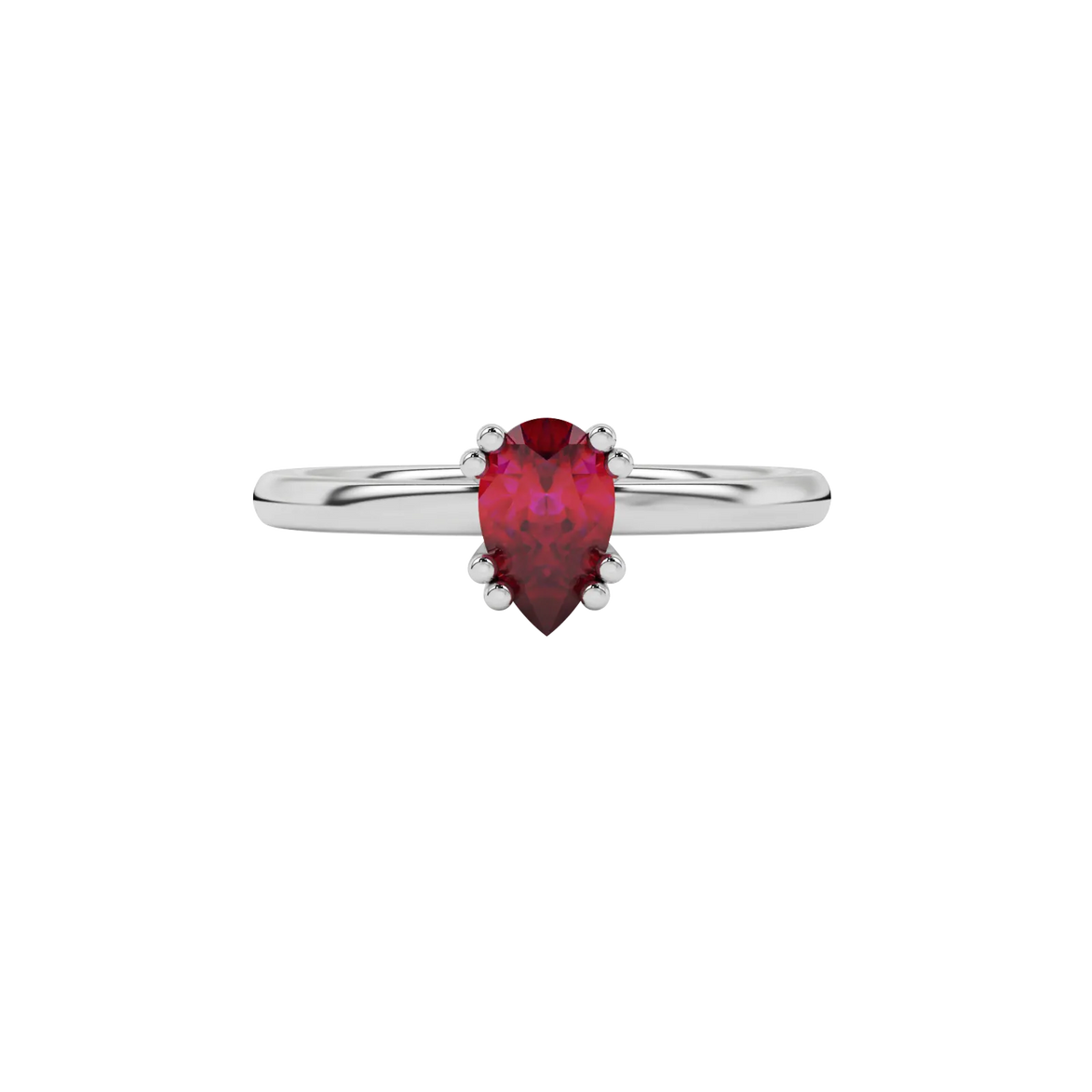 Close-up raspberry red gemstone ring, white gold vintage basket.