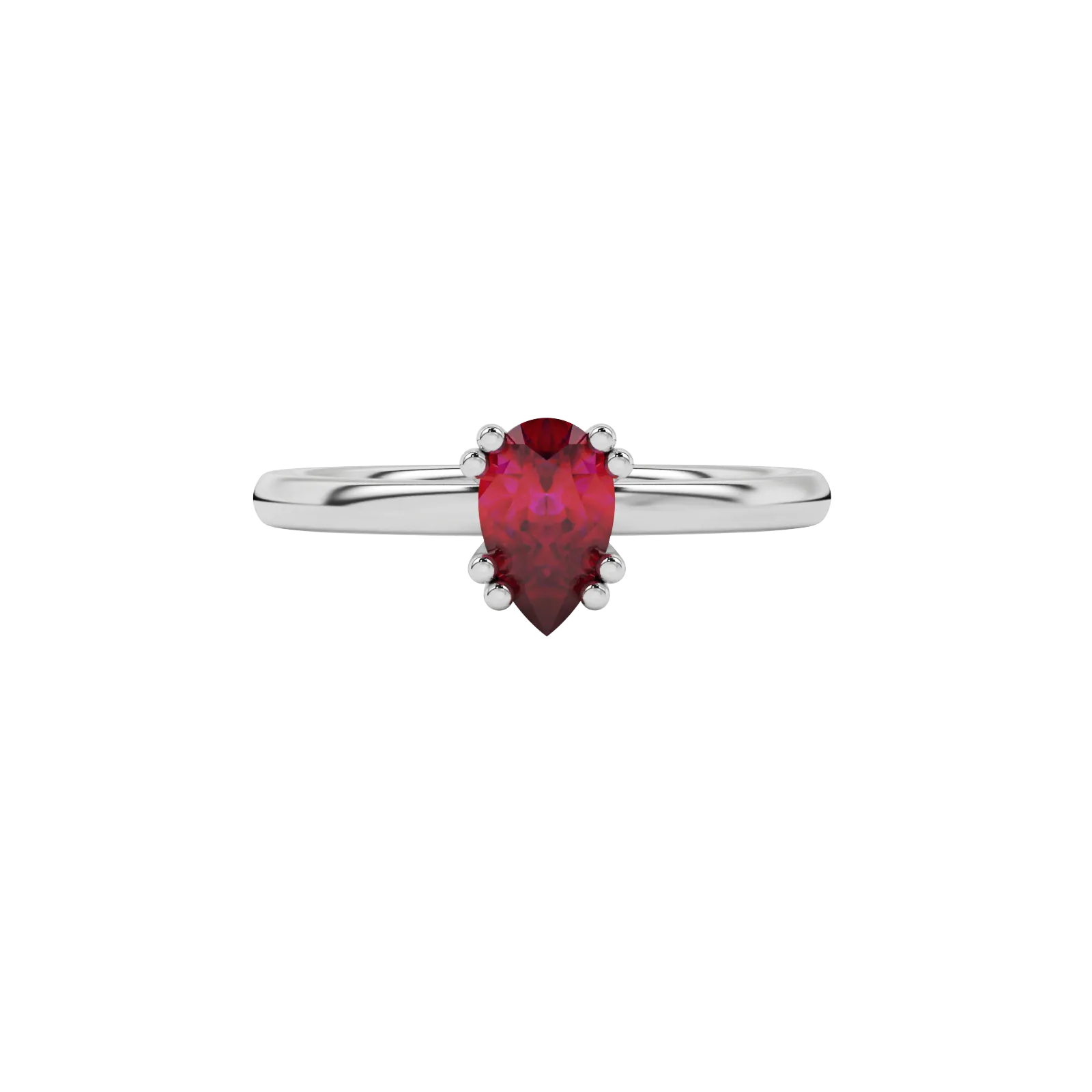 Close-up raspberry red gemstone ring, white gold vintage basket.