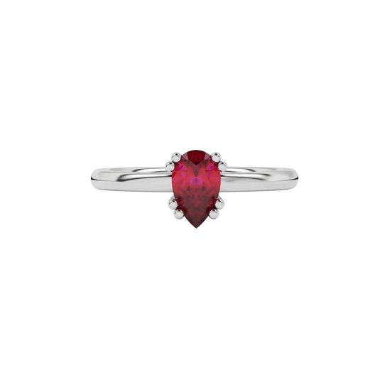 Close-up raspberry red gemstone ring, white gold vintage basket.