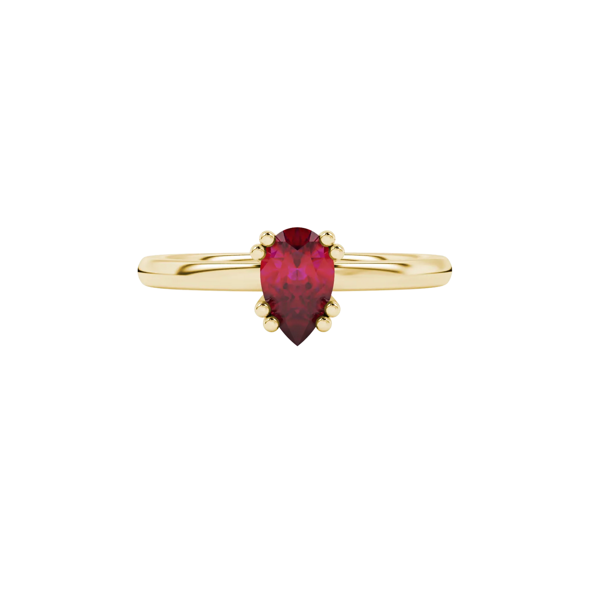 Close-up, pear shape raspberry red gemstone, yellow gold vintage basket ring.