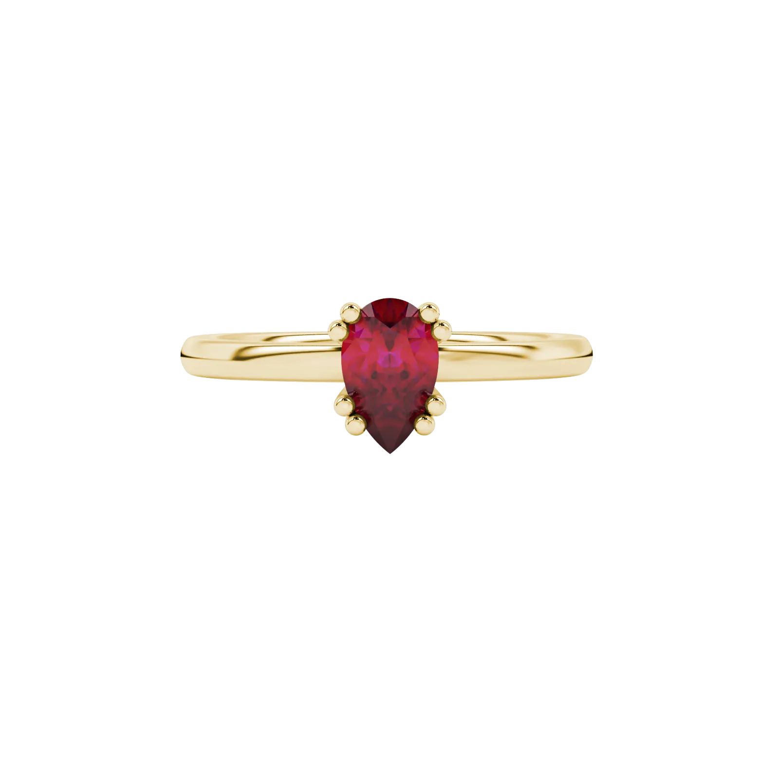 Close-up, pear shape raspberry red gemstone, yellow gold vintage basket ring.