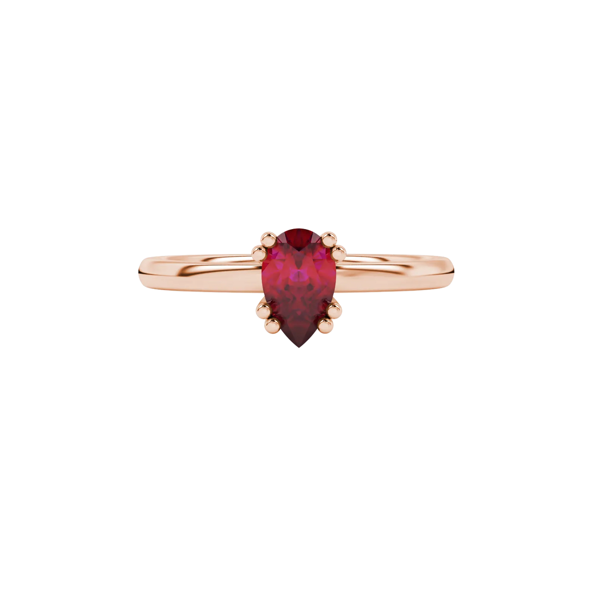 Close-up, pear shape raspberry red gemstone ring, rose gold vintage basket.