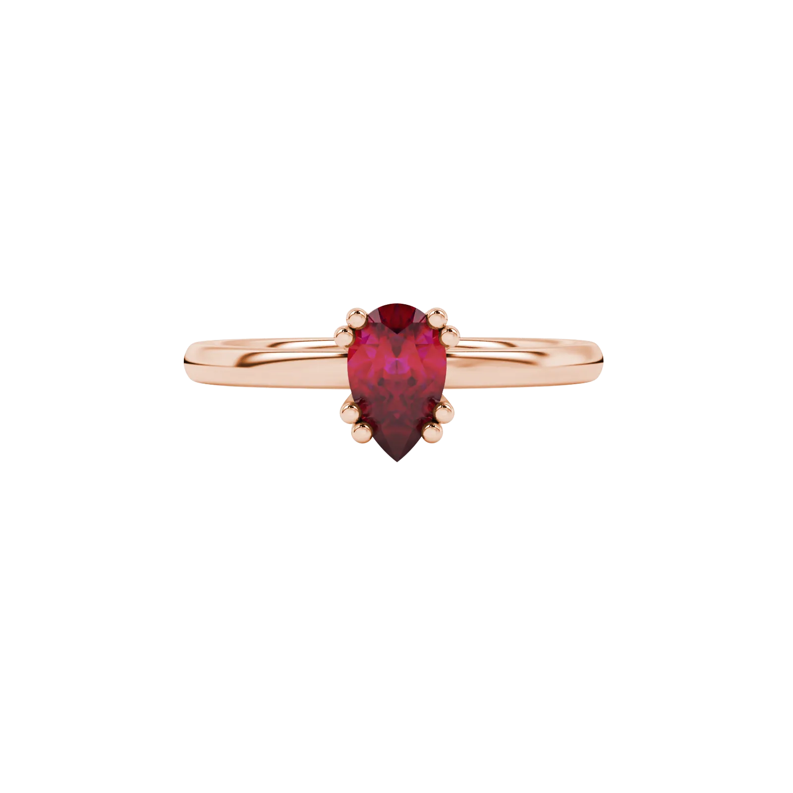 Close-up, pear shape raspberry red gemstone ring, rose gold vintage basket.