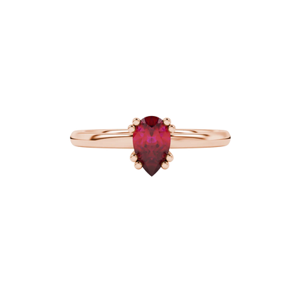 Close-up, pear shape raspberry red gemstone ring, rose gold vintage basket.