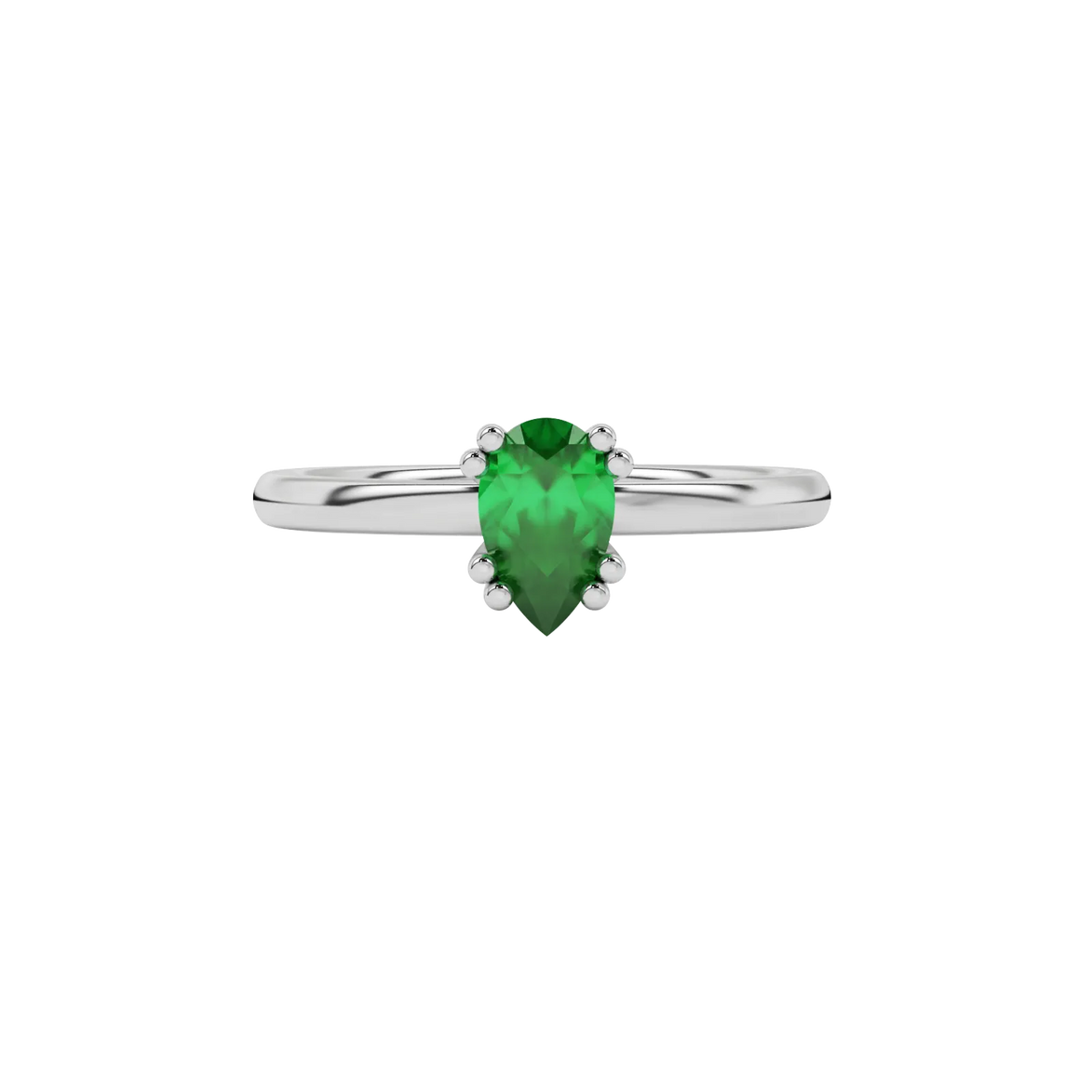 Close-up emerald green gemstone ring, white gold vintage basket.