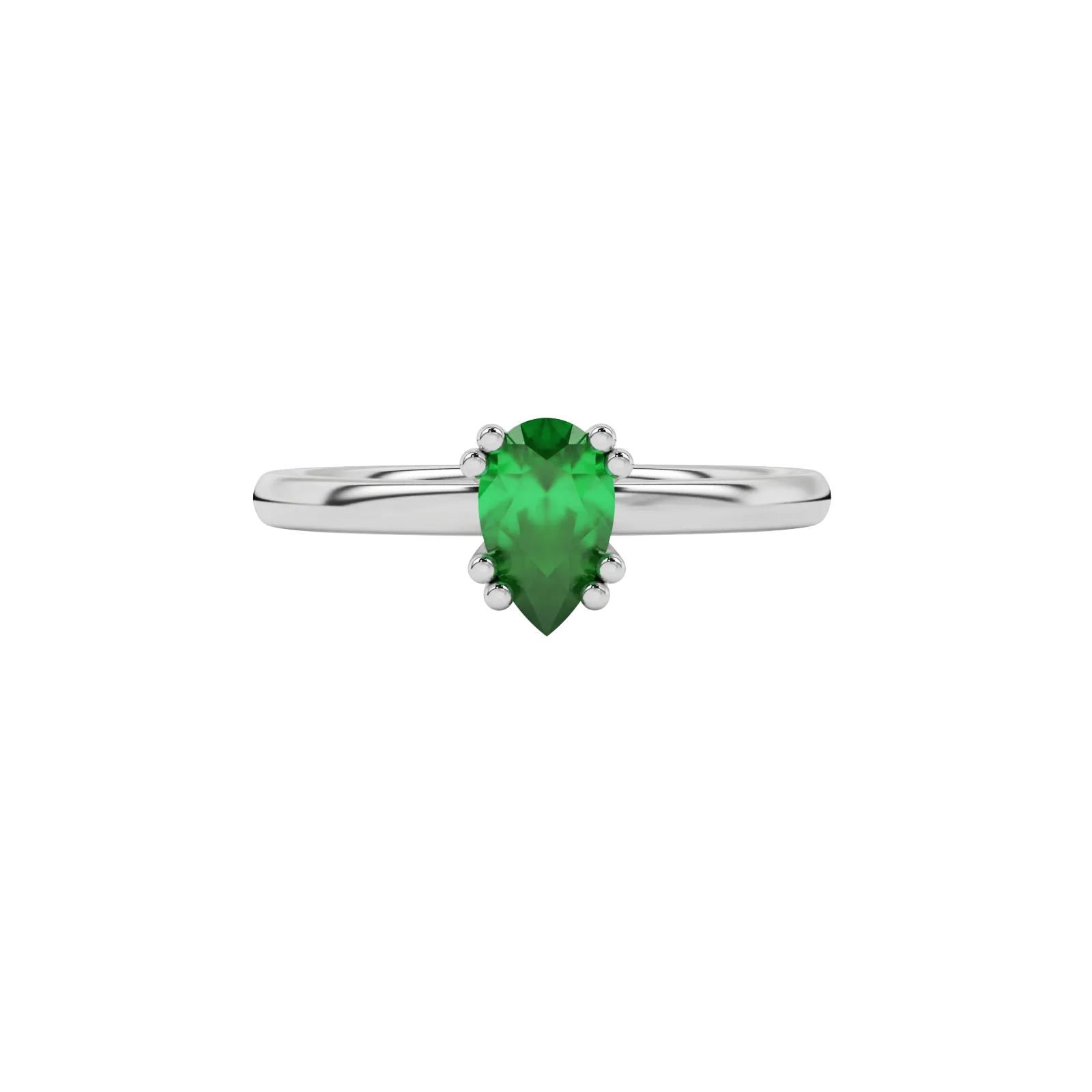 Close-up emerald green gemstone ring, white gold vintage basket.
