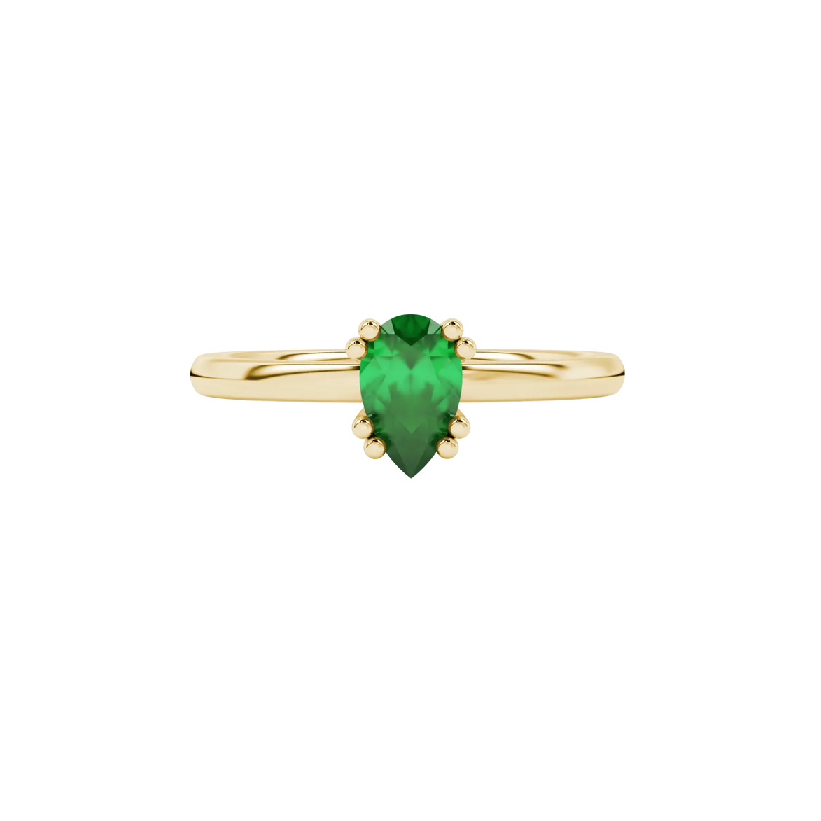 Close-up, pear shape emerald green gemstone, yellow gold vintage basket ring.