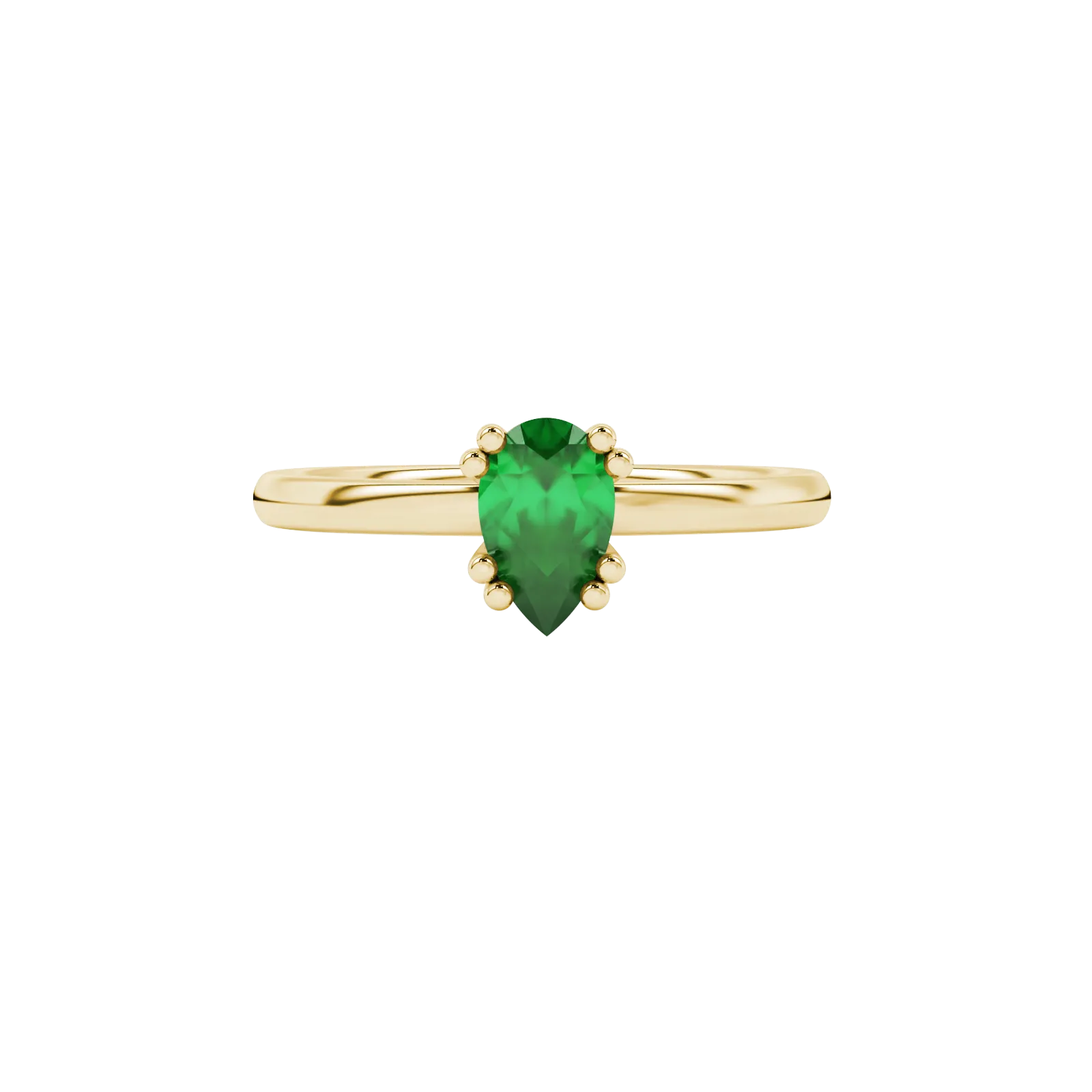 Close-up, pear shape emerald green gemstone, yellow gold vintage basket ring.