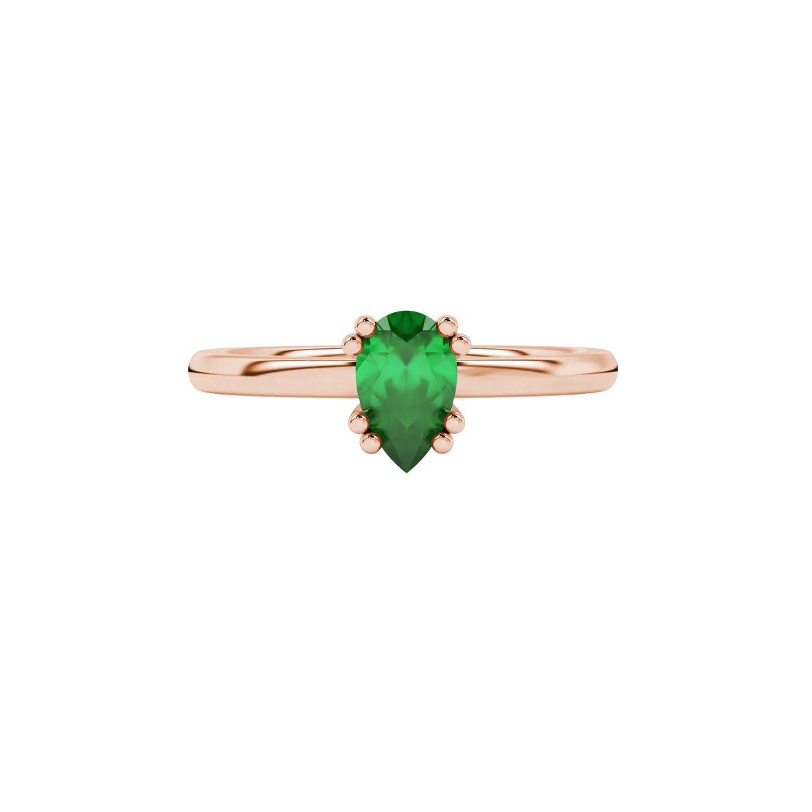 Close-up, pear shape emerald green gemstone ring, rose gold vintage basket.