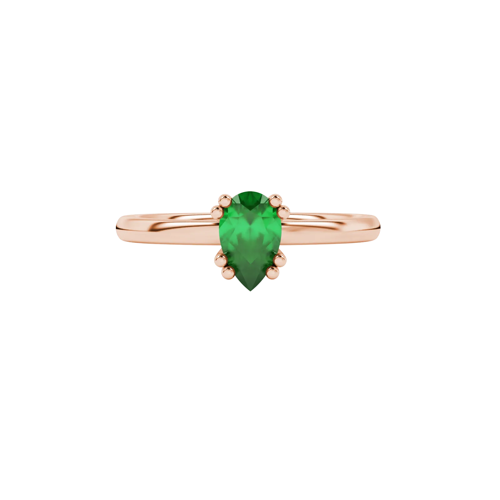 Close-up, pear shape emerald green gemstone ring, rose gold vintage basket.