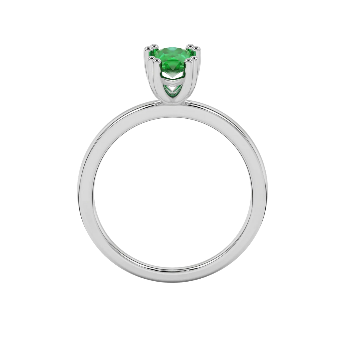 Pear shape emerald green gemstone ring, white gold vintage basket setting.