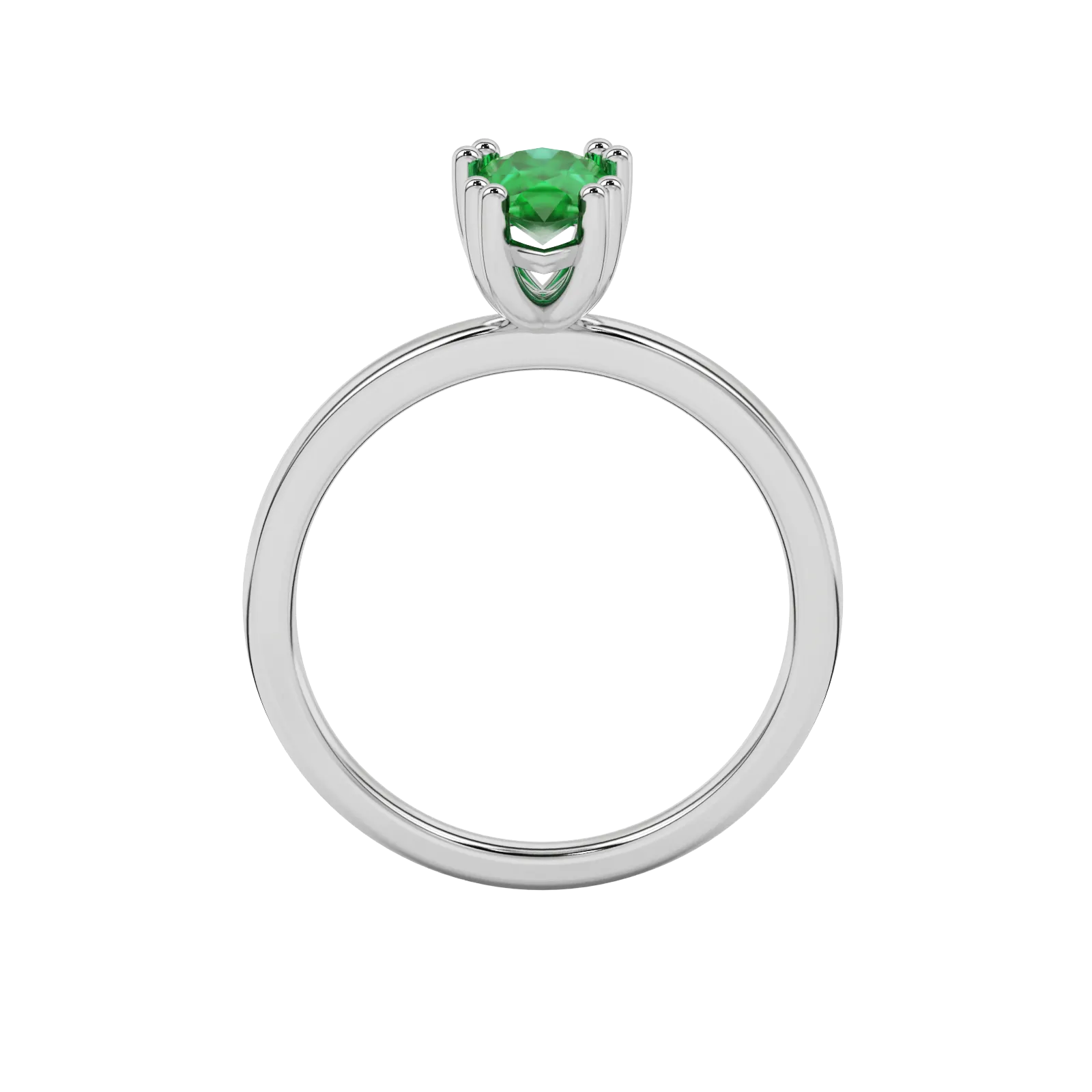 Pear shape emerald green gemstone ring, white gold vintage basket setting.