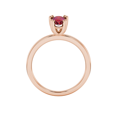 Pear shape raspberry red gemstone ring, rose gold vintage basket setting.