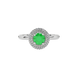 close-up of a round emerald green gemstone enclosed in a white gold diamond falling edge halo setting.