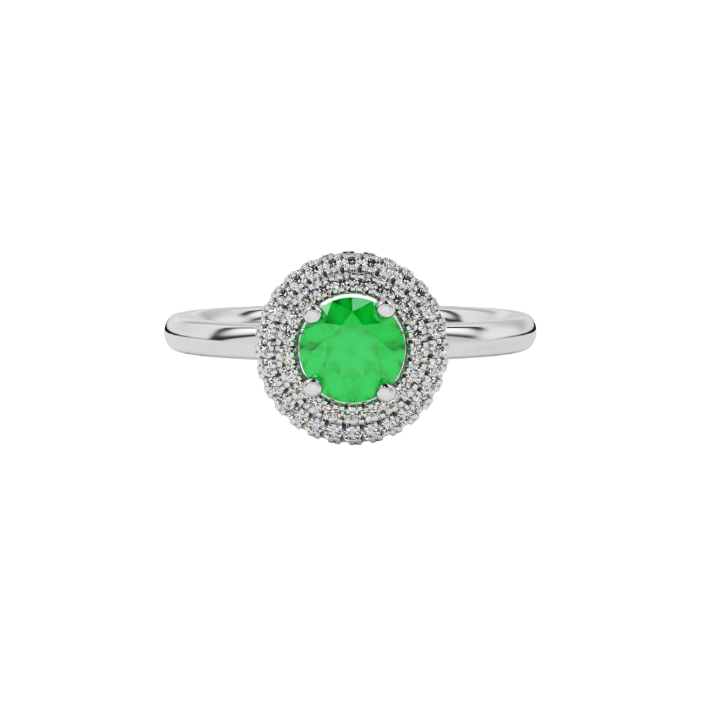 close-up of a round emerald green gemstone enclosed in a white gold diamond falling edge halo setting.
